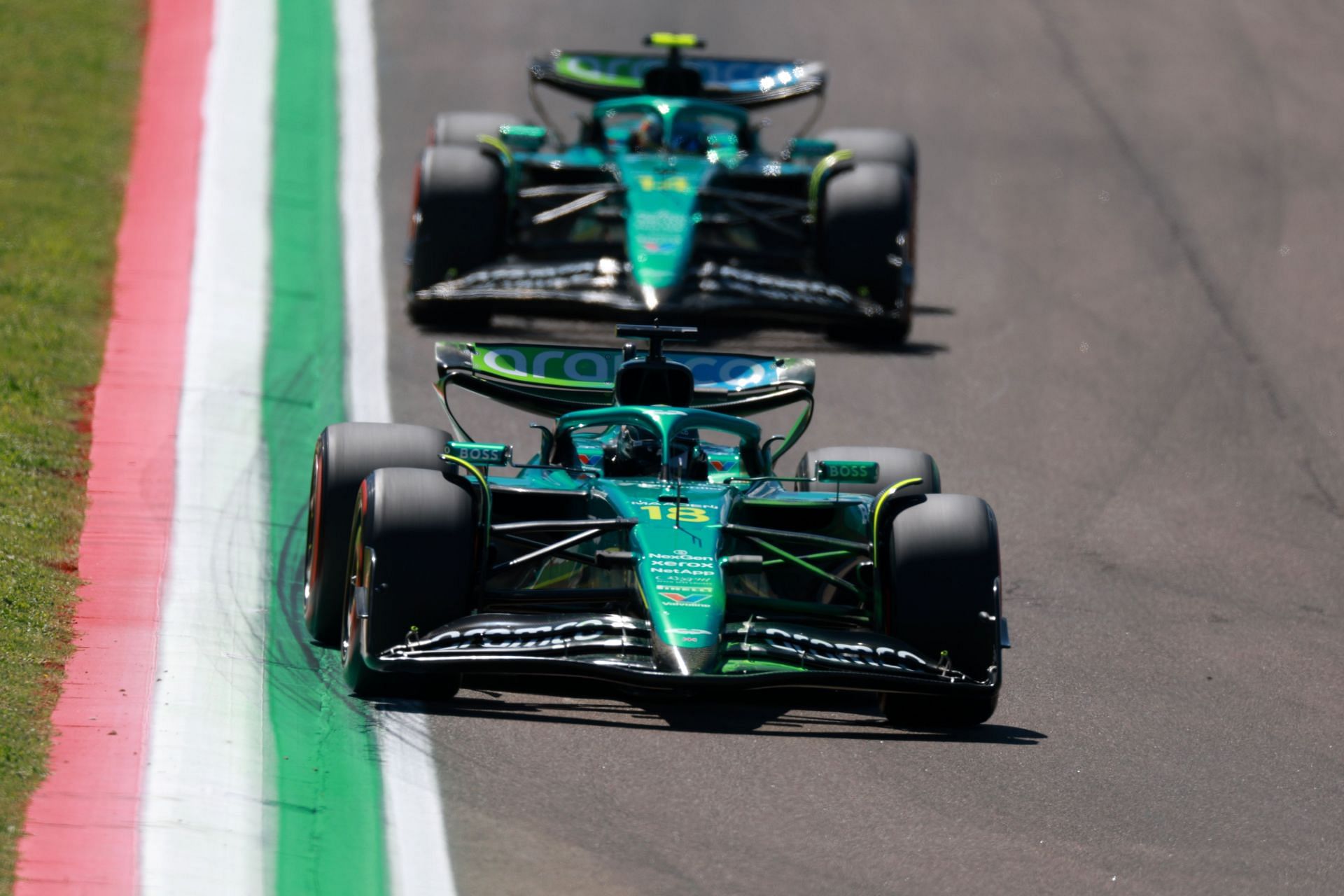 Lance Stroll of Canada driving the (18) Aston Martin F1 Team AMR25 Mercedes leads Fernando Alonso of Spain driving the (14) Aston Martin F1 Team AMR25 Mercedes - Source: Getty Images